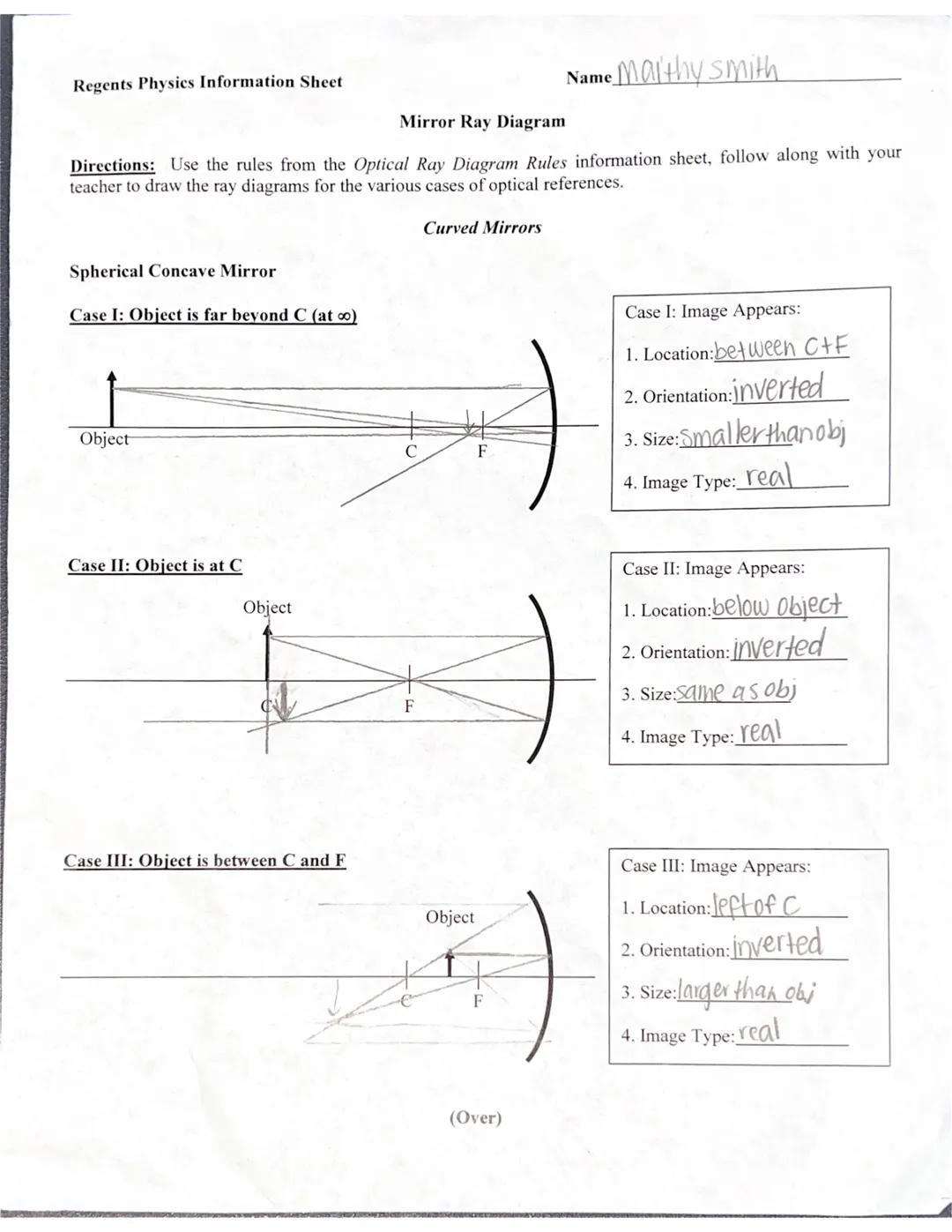 Regents Physics Information Sheet
Mirror Ray Diagram
Directions: Use the rules from the Optical Ray Diagram Rules information sheet, follow