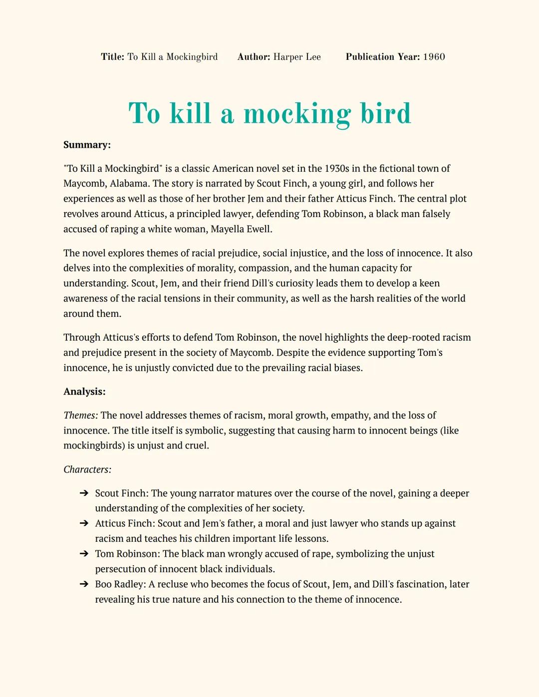 Title: To Kill a Mockingbird Author: Harper Lee Publication Year: 1960
# To kill a mocking bird
Summary:
"To Kill a Mockingbird" is a cla
