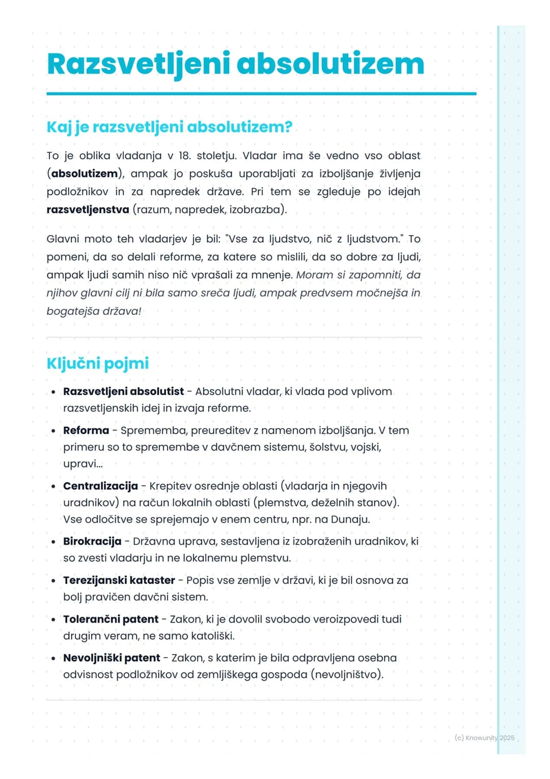 # Razsvetljeni absolutizem
## Kaj je razsvetljeni absolutizem?
To je oblika vladanja v 18. stoletju. Vladar ima še vedno vso oblast
(absol