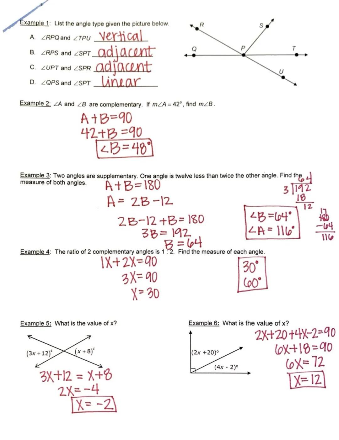 Geometry: Unit 1 - Pairs of Angles
1.4 Student Notes - Pairs of Angles
Essential Question:
Complementary Angle: angles that add up to = 90