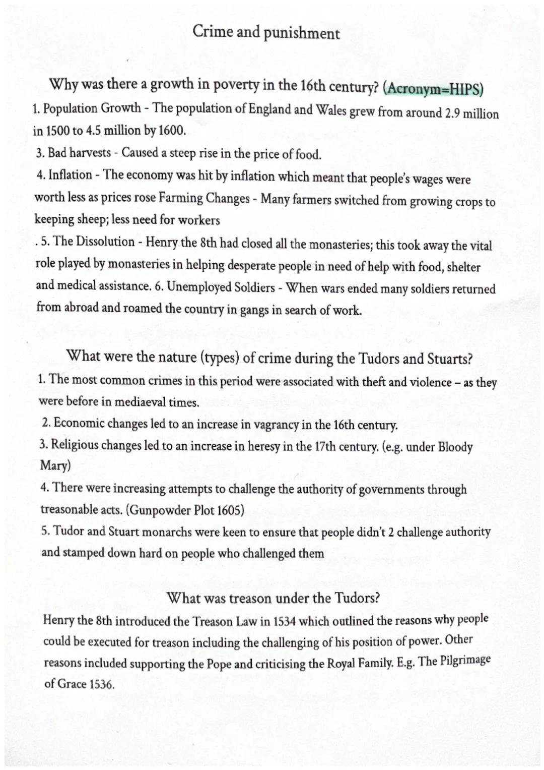 Crime and punishment
Why was there a growth in poverty in the 16th century? (Acronym=HIPS)
1. Population Growth - The population of England