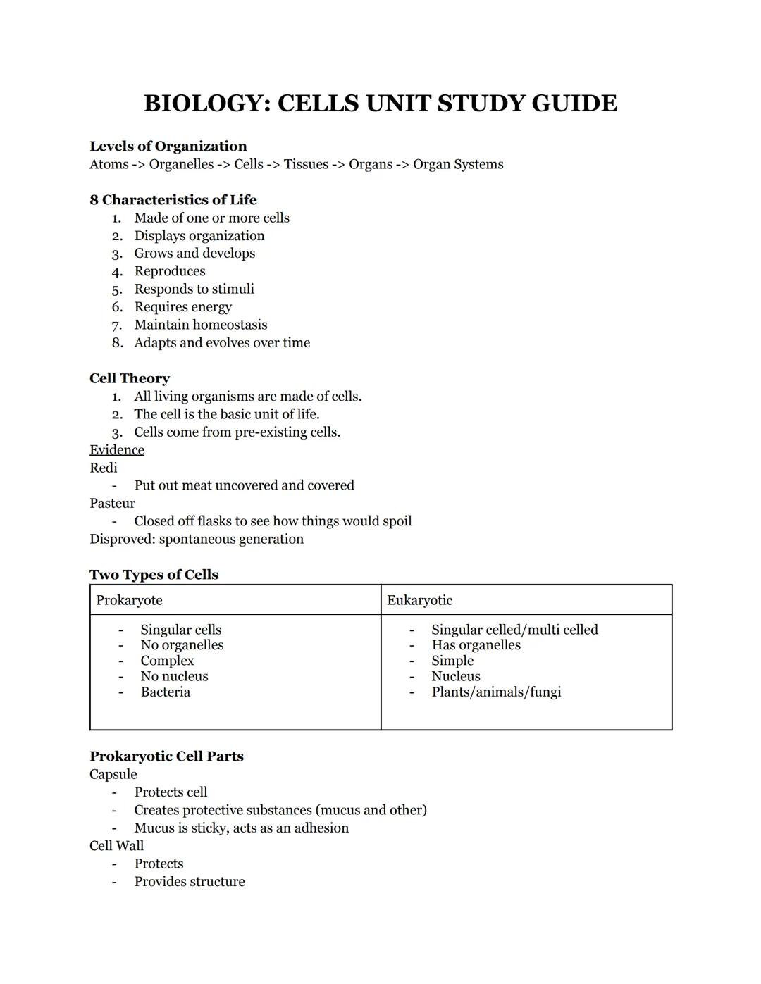 # BIOLOGY: CELLS UNIT STUDY GUIDE
Levels of Organization
Atoms -> Organelles -> Cells -> Tissues -> Organs -> Organ Systems
8 Characterist