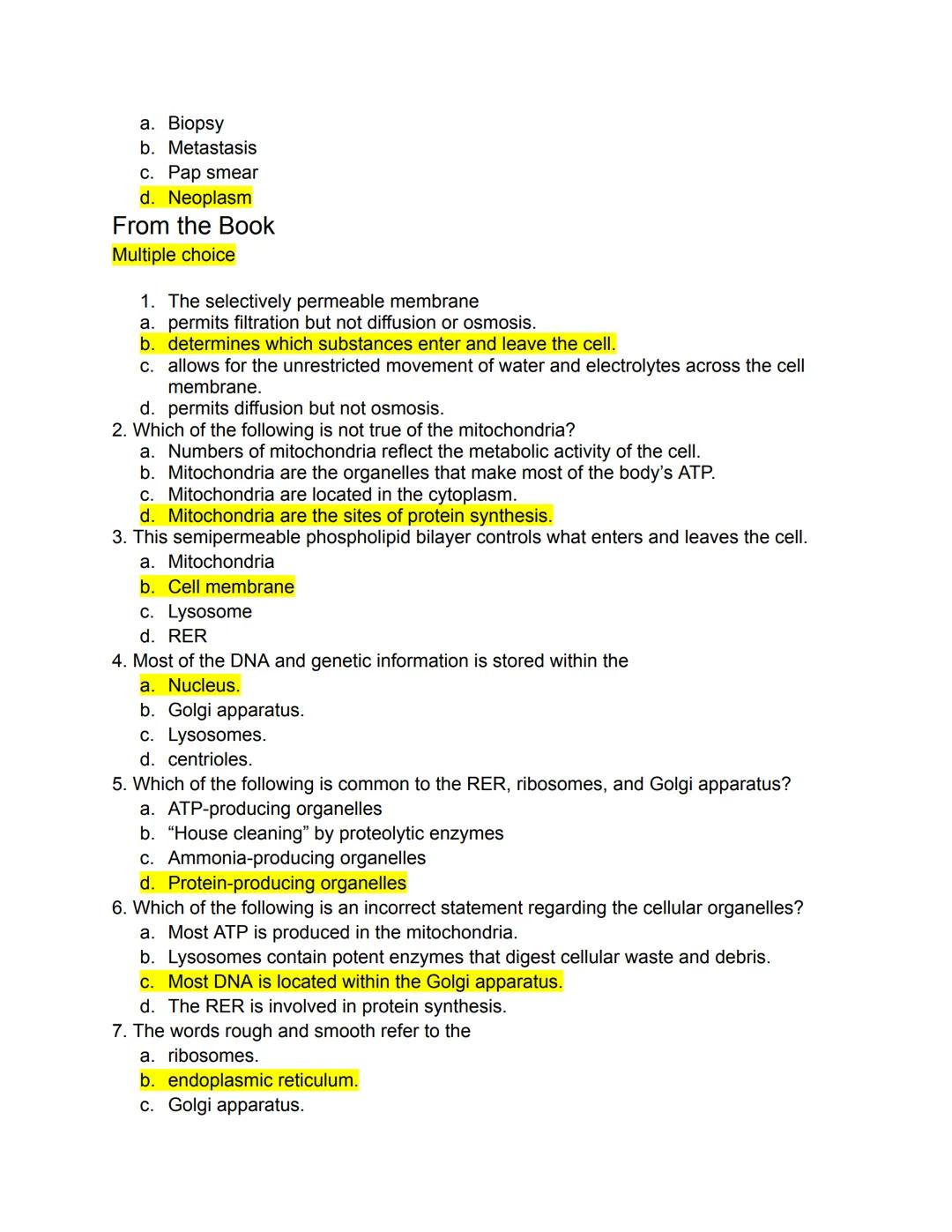 PART 1: Mastering The Basics
Matching
Parts of a Typical Cell
Directions: Match the following terms to the most appropriate definition by wr