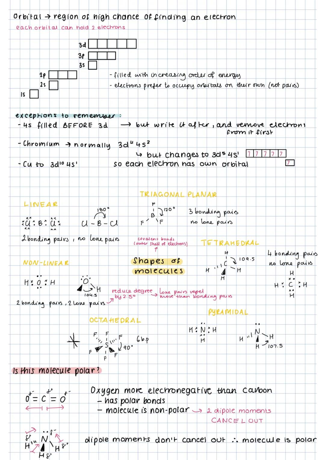 Orbital region of high chance of finding an electron
each orbital can hold 2 electrons
IS
2p
2s
- Cu to 3d 1⁰ 45¹
exceptions to remember:
-4