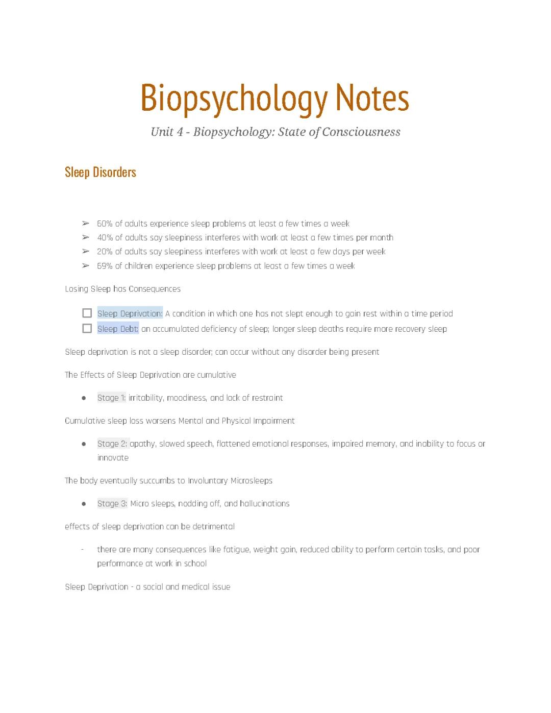 Biopsychology Study Guide: Understanding Sleep Disorders