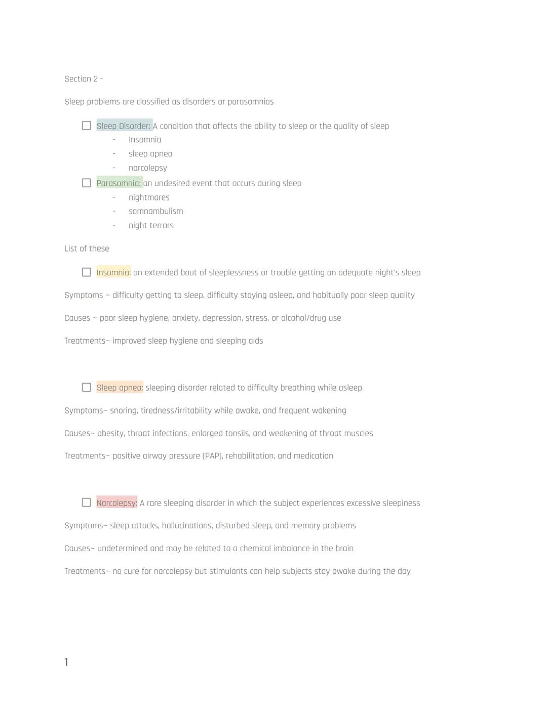 Sleep Disorders
Biopsychology Notes
Unit 4-Biopsychology: State of Consciousness
60% of adults experience sleep problems at least a few time