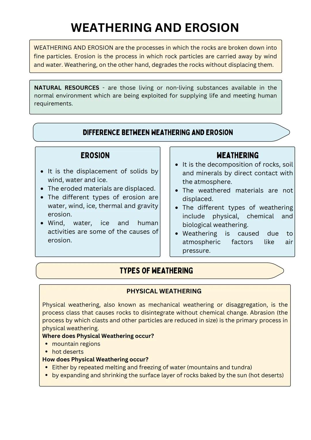 WEATHERING AND EROSION
WEATHERING AND EROSION are the processes in which the rocks are broken down into
fine particles. Erosion is the proce