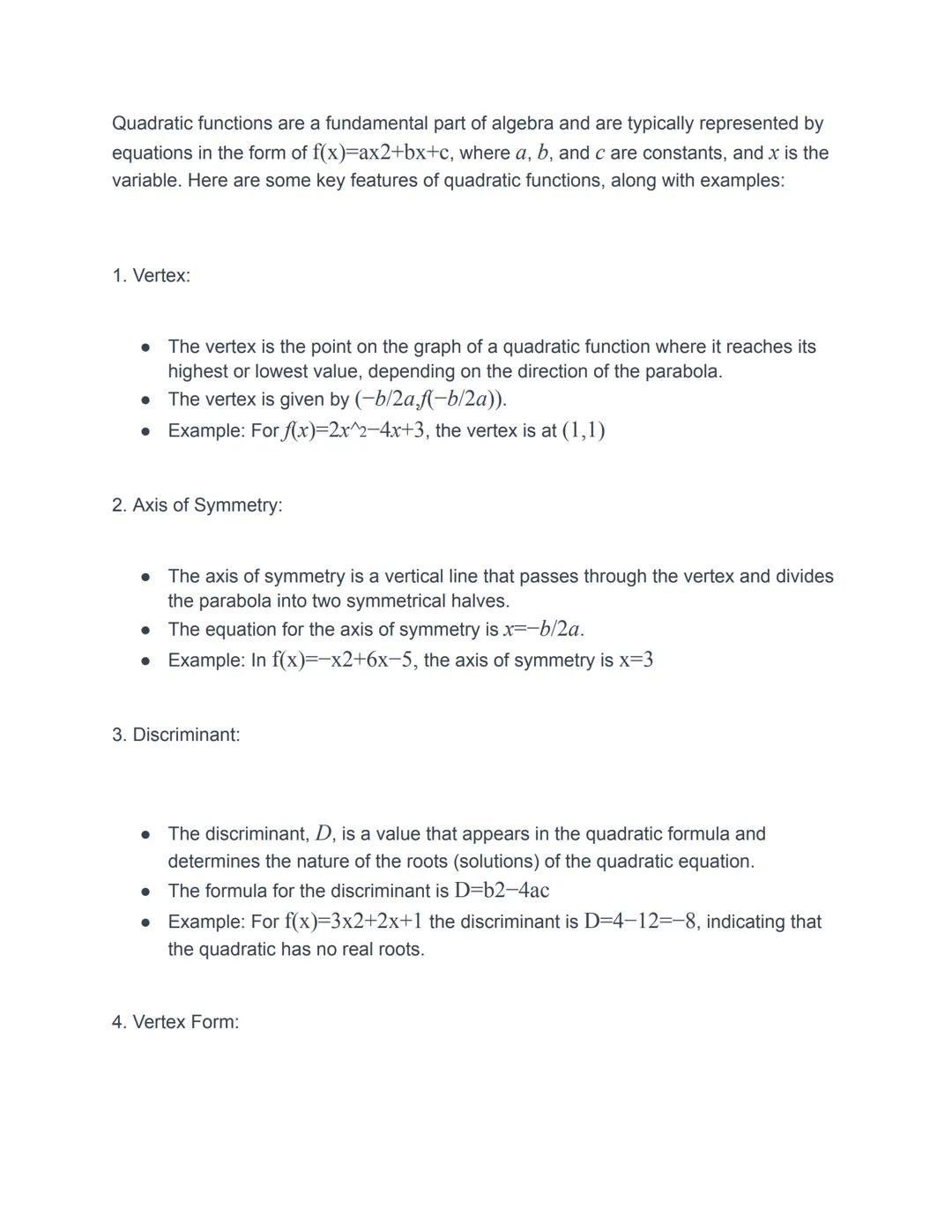 Features of quadratic functions