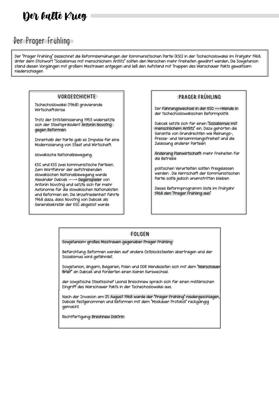 # Der kalte Krieg
## Der Prager Frühling
Der "Prager Frühling" bezeichnet die Reformbemühungen der Kommunistischen Partei (KSC) in der Tsc