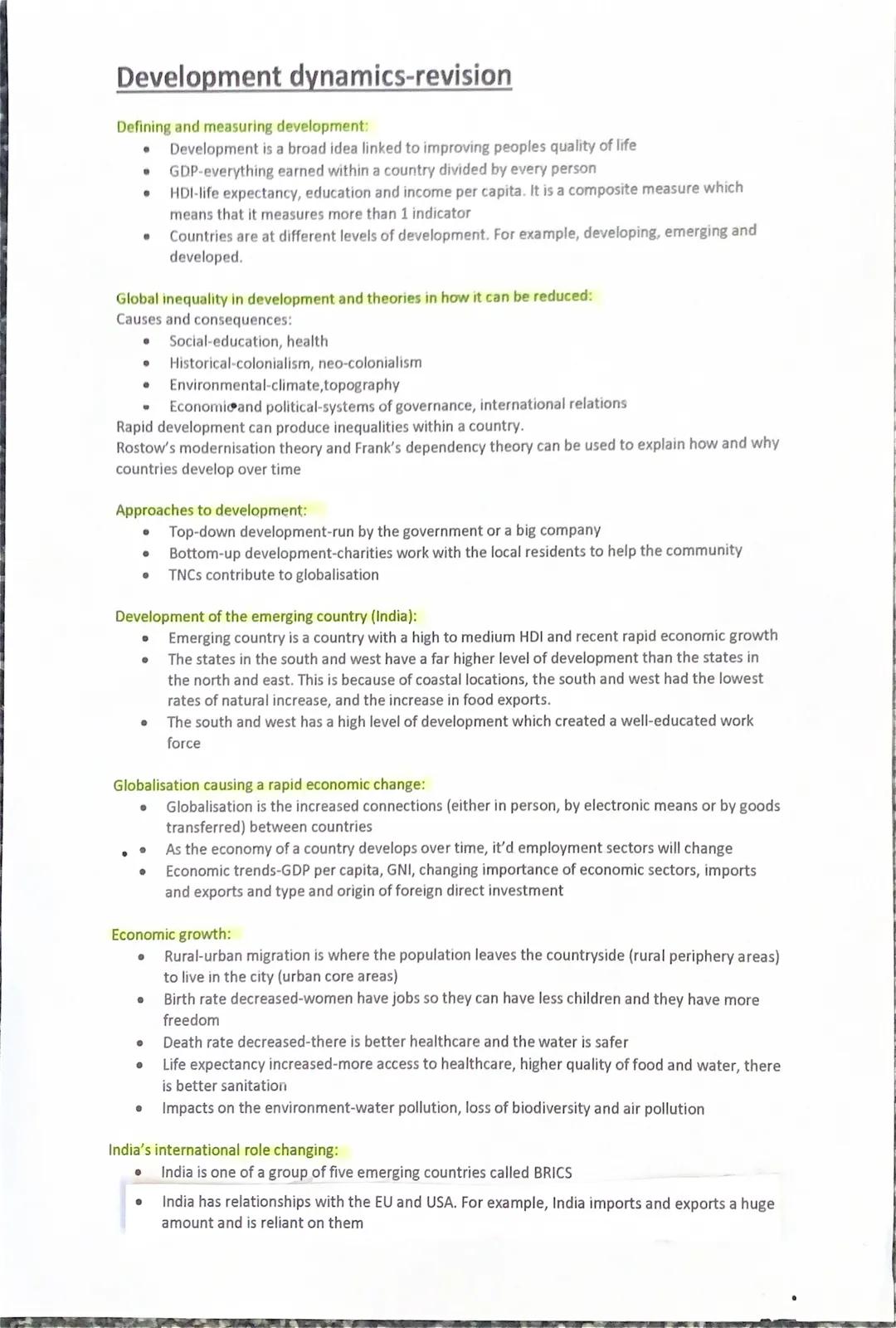# Development dynamics-revision
Defining and measuring development:
- Development is a broad idea linked to improving peoples quality of li