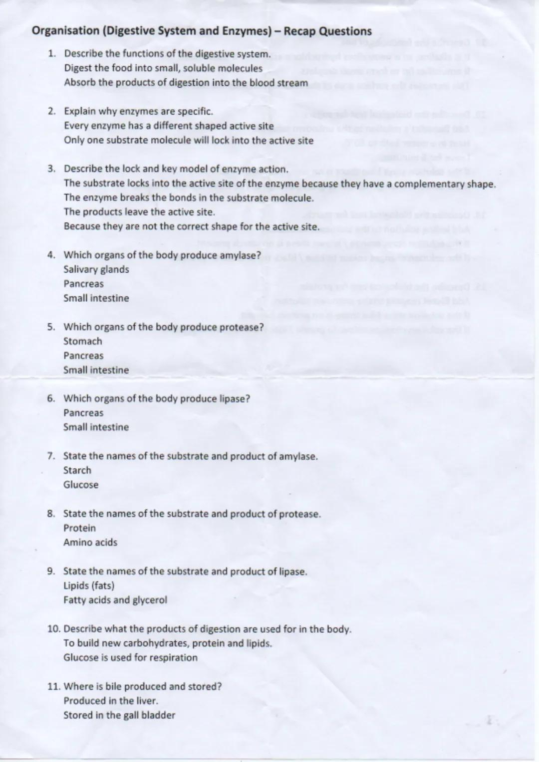 Organisation (Digestive System and Enzymes) - Recap Questions
1. Describe the functions of the digestive system.
Digest the food into small,
