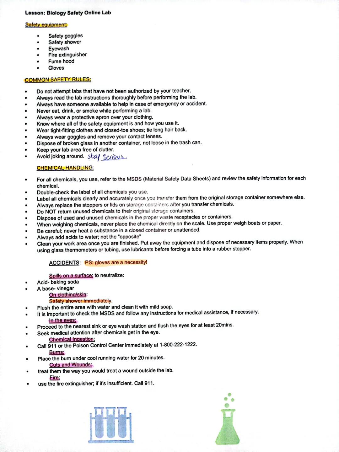 # Lesson: Biology Safety Online Lab
Safety equipment:
- Safety goggles
- Safety shower
- Eyewash
- Fire extinguisher
- Fume hood
- Gloves