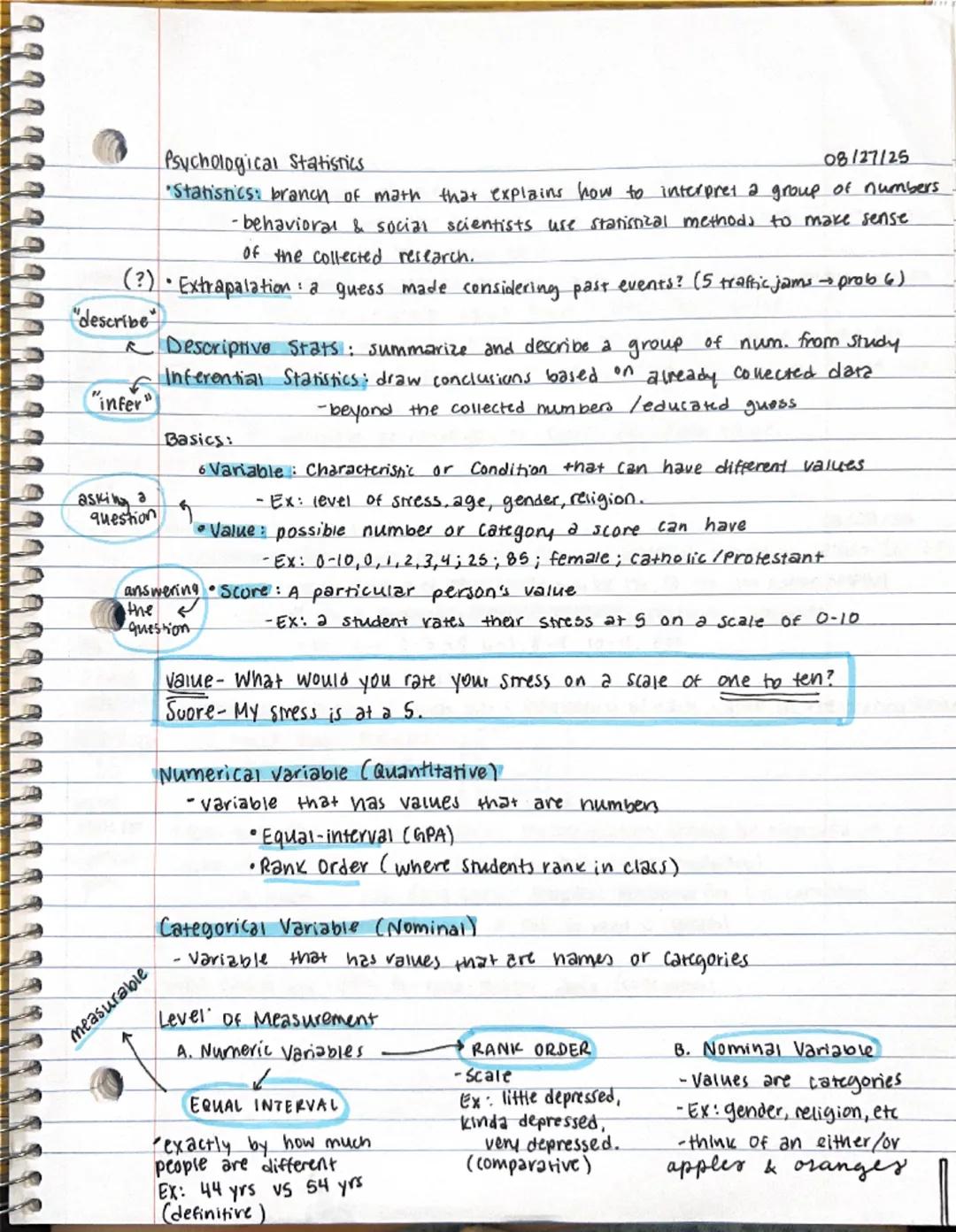 Psychological Statistics
08/27/25
Statistics: branch of math that explains how to interpret a group of numbers
-behavioral & social scientis