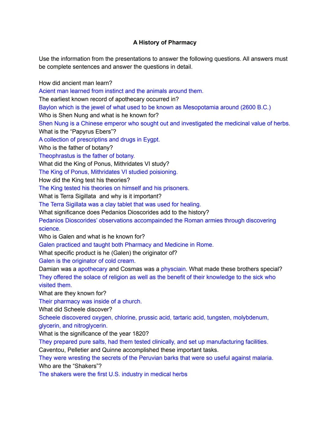 A History of Pharmacy
Use the information from the presentations to answer the following questions. All answers must
be complete sentences a
