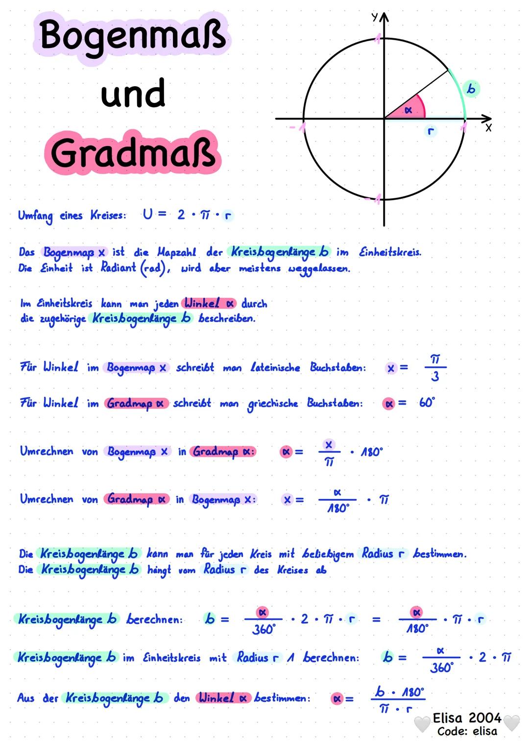 # Bogenmaß
und
Gradmaß
Umfang eines Kreises: U = 2.Π.Γ
b
DX
Das Bogenmaß x ist die Mapzahl der Kreisbagenlänge b im Einheitskreis.
Die