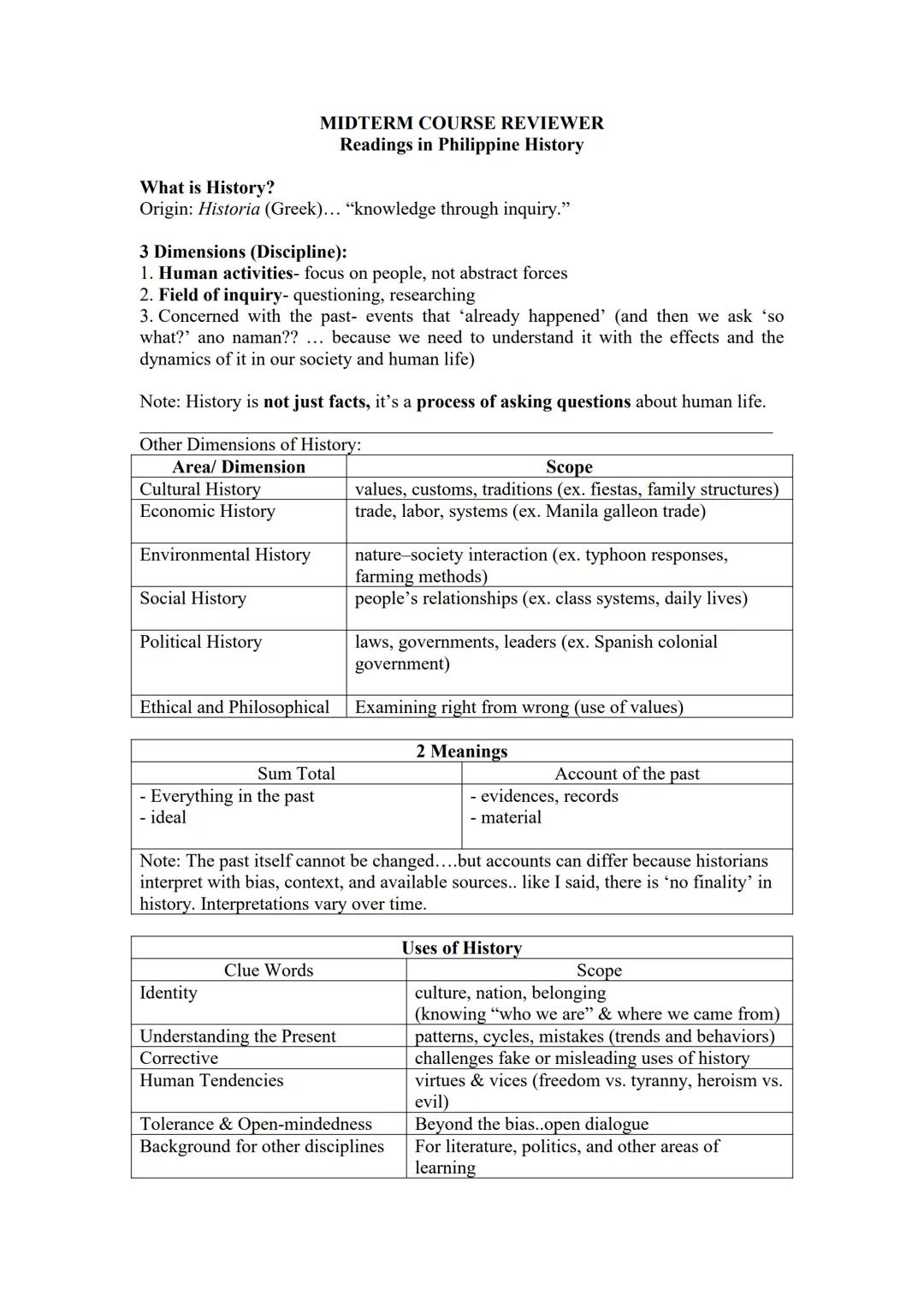 MIDTERM COURSE REVIEWER
Readings in Philippine History
What is History?
Origin: Historia (Greek)... "knowledge through inquiry."
3 Dimensi