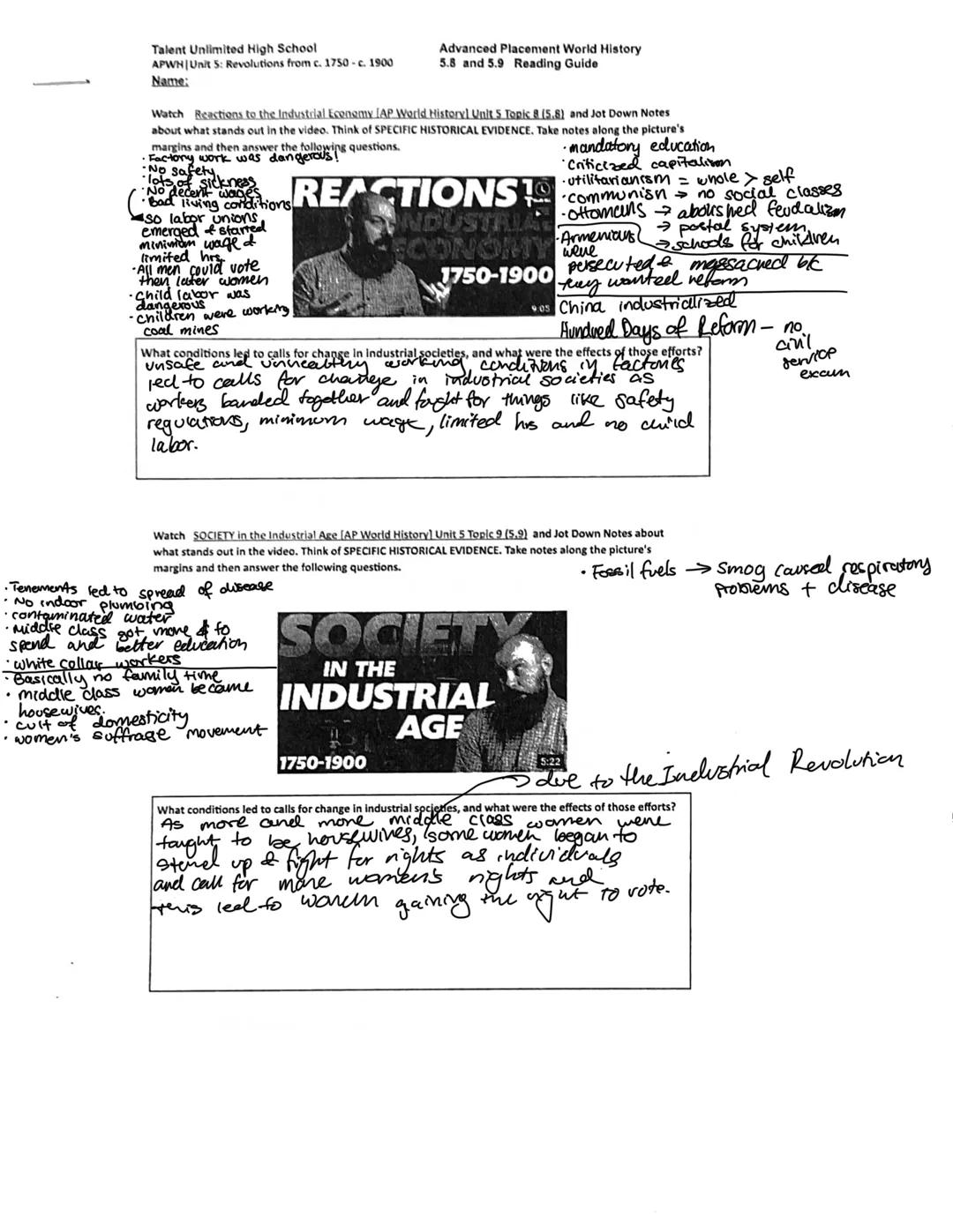Talent Unlimited High School
APWH Unit 5: Revolutions from c. 1750-c. 1900
Name:
Advanced Placement World History
5.8 and 5.9 Reading Guide