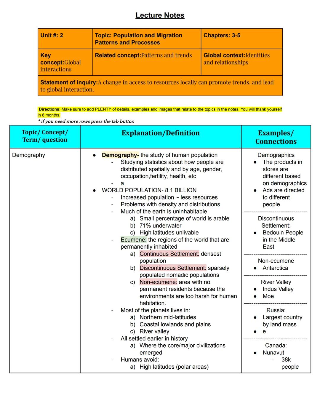 # Lecture Notes
Unit #: 2
Topic: Population and Migration
Patterns and Processes
Chapters: 3-5
Key
concept:Global
interactions
Related