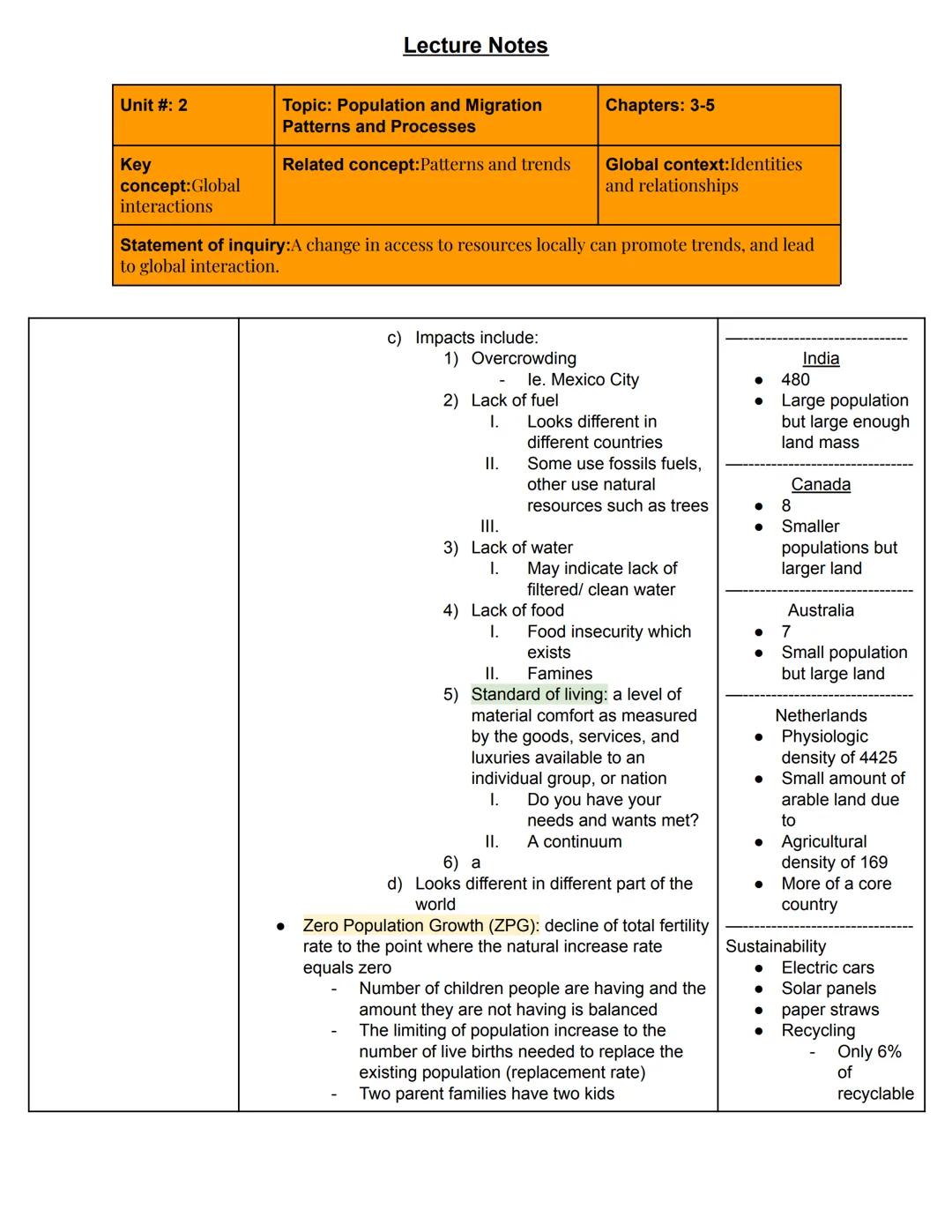 # Lecture Notes
Unit #: 2
Topic: Population and Migration
Patterns and Processes
Chapters: 3-5
Key
concept:Global
interactions
Related