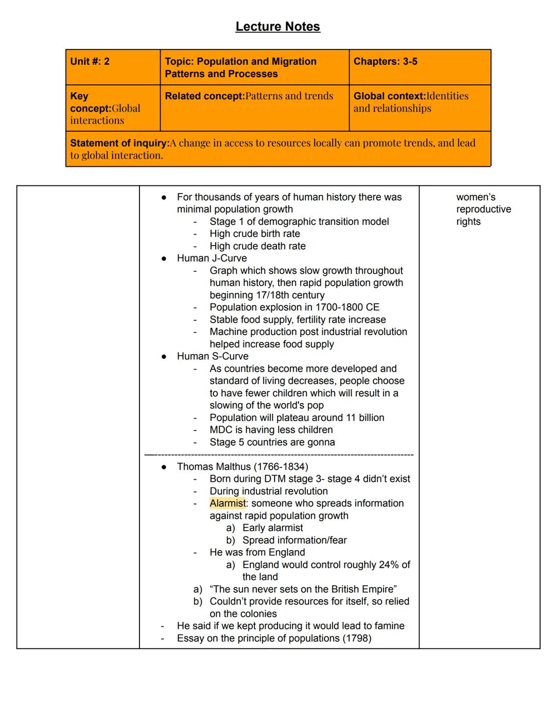 # Lecture Notes
Unit #: 2
Topic: Population and Migration
Patterns and Processes
Chapters: 3-5
Key
concept:Global
interactions
Related