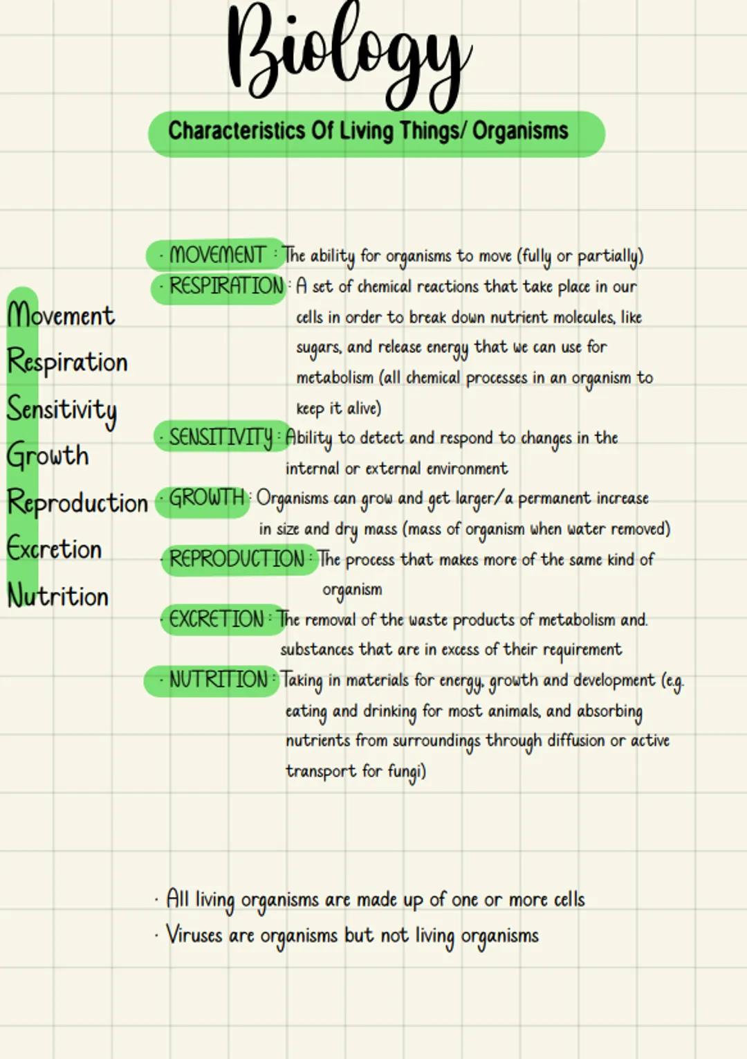 MOVEMENT: The ability for organisms to move (fully or partially)
RESPIRATION
A set of chemical reactions that take place in our
cells in ord