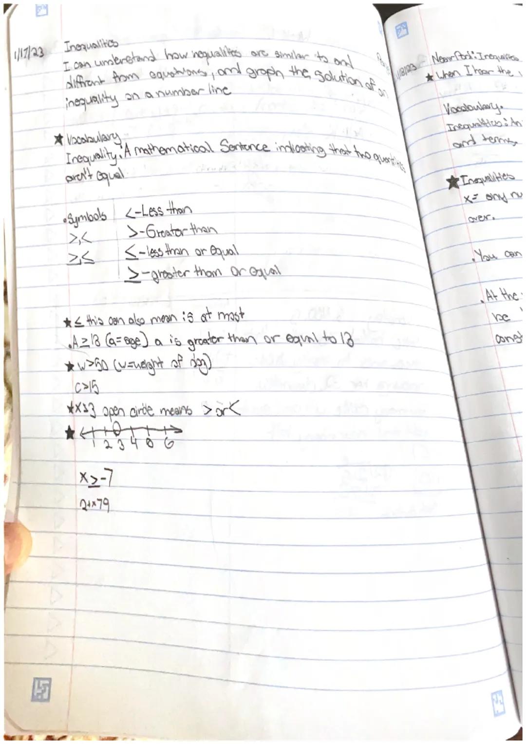 1/17/23
Inequalities
are similar to and
I can understand how nequalities.
diffrent from equations, and graph the solution of
inequality on a