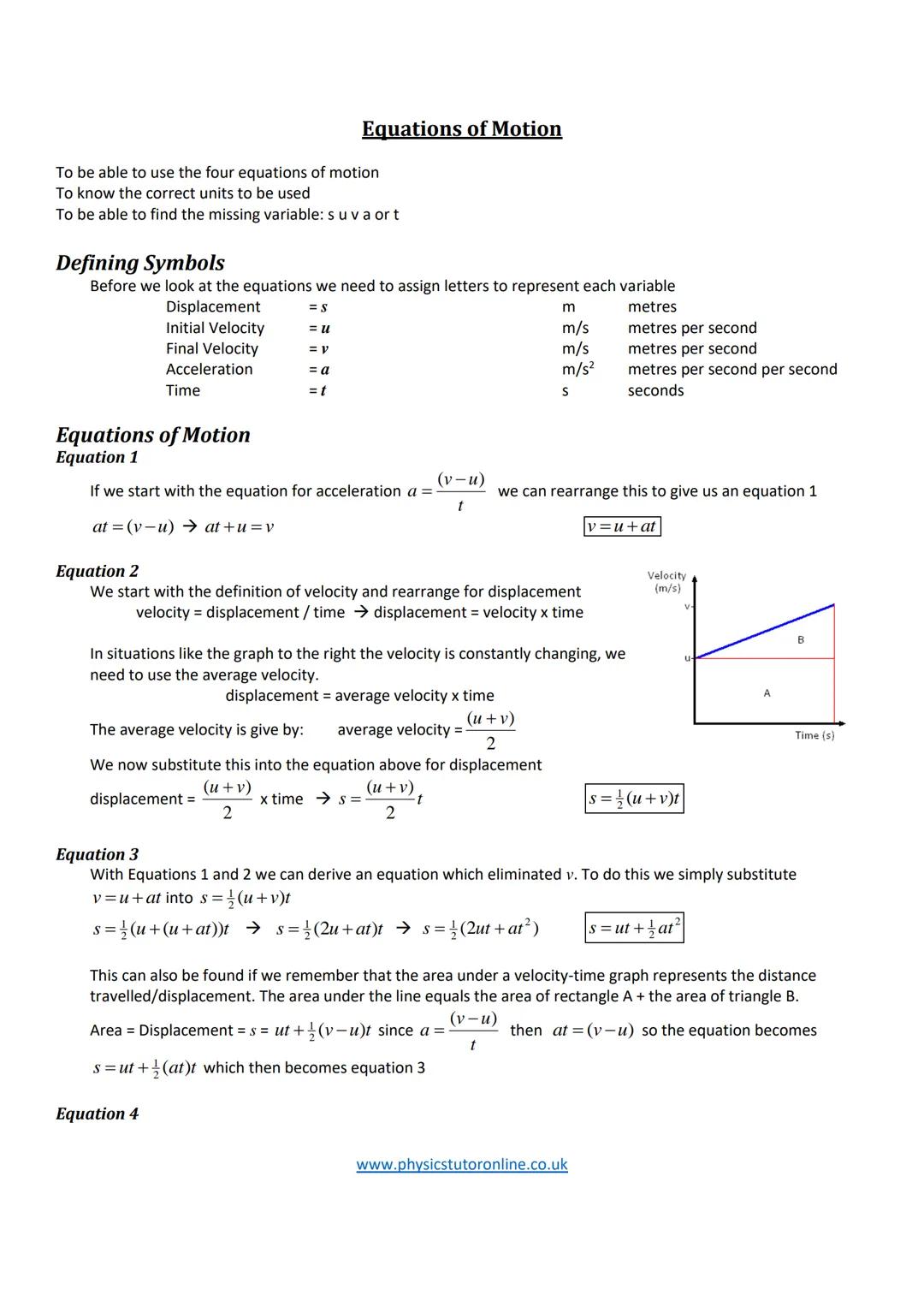 To be able to use the four equations of motion
To know the correct units to be used
To be able to find the missing variable: su va ort
Defin
