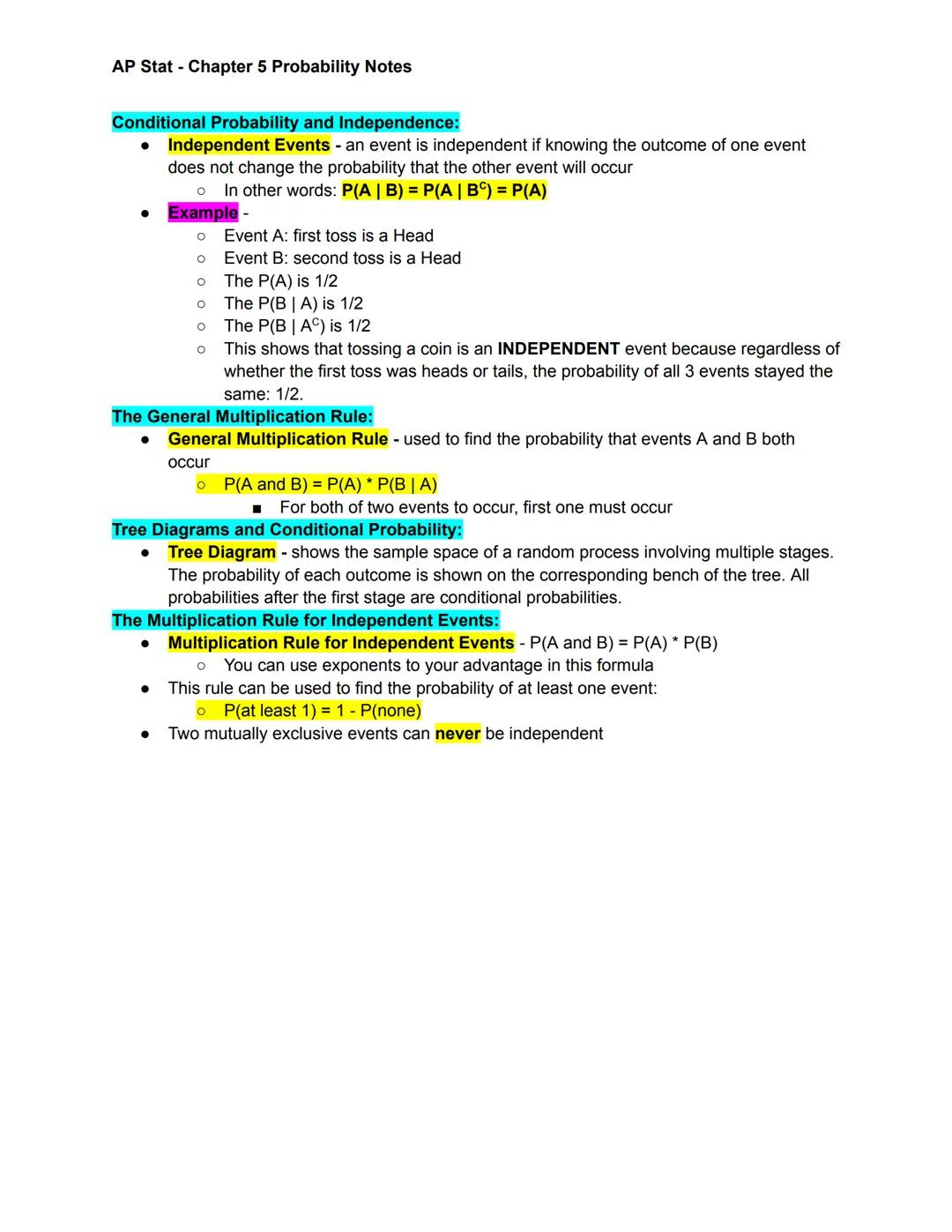 AP Stat - Chapter 5 Probability Notes
Section 5.1 Notes - Randomness, Probability, and Simulation
The Idea of Probability:
● Random Process