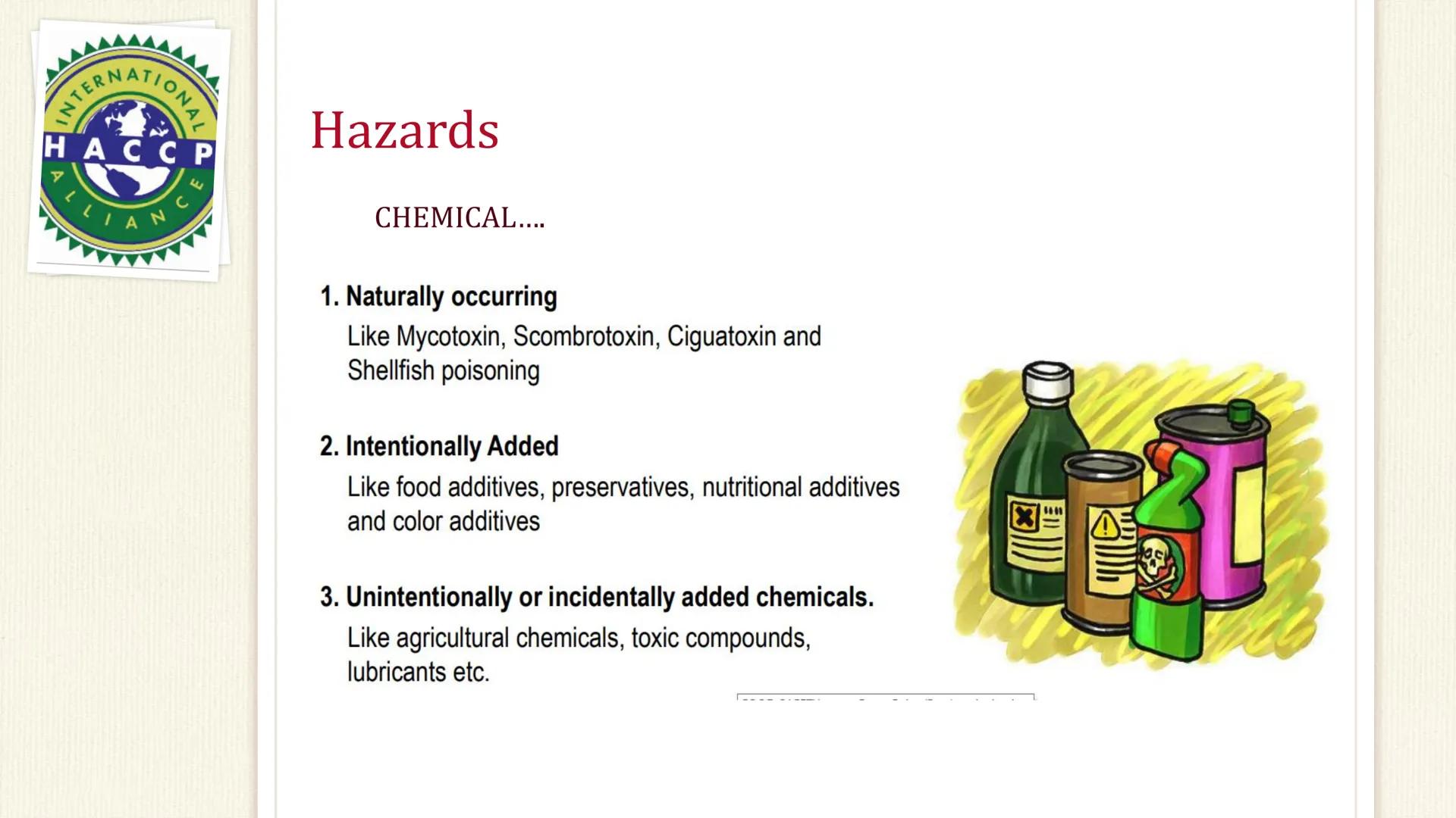 ATIONAL
HACCP
CE
Hazards
PHYSICAL....
RAW MATERIALS
/ INGREDIENTS
WATER
Lo
AIR / DUST
SOIL
FOOD
GARBAGE & SEWAGE
RODENTS
FOOD HANDLERS/ MAN