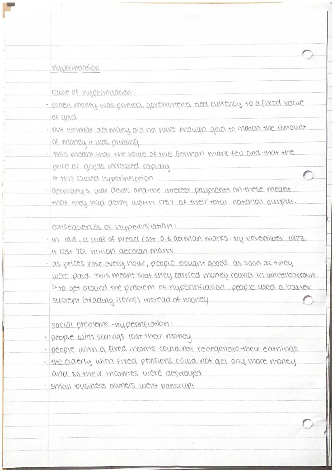 hyperinflation
cause of hyperinflation:
- when money was printed, governments fied currency to a fixed value
of gold
but weimar germany did