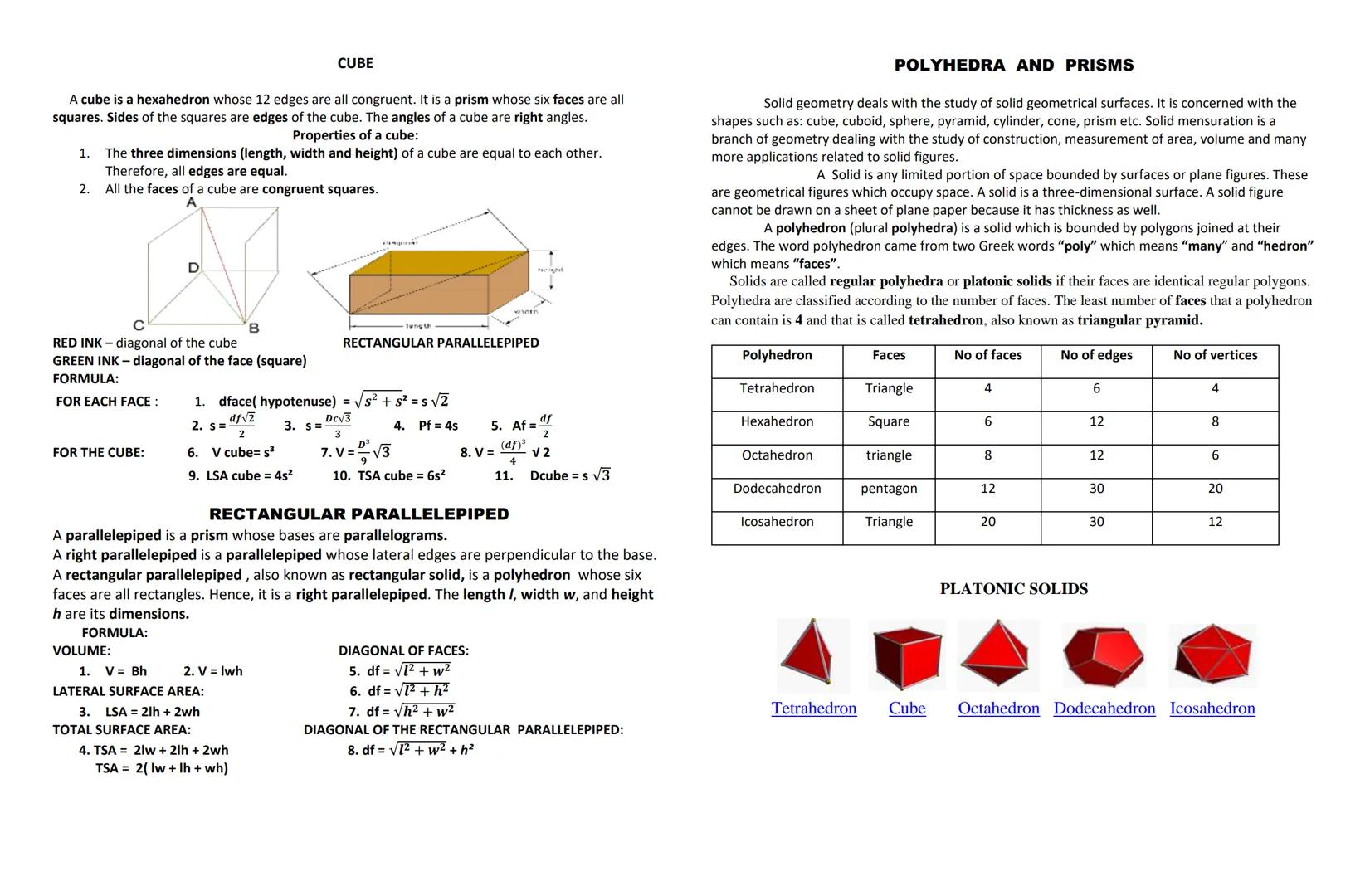 A cube is a hexahedron whose 12 edges are all congruent. It is a prism whose six faces are all
squares. Sides of the squares are edges of th