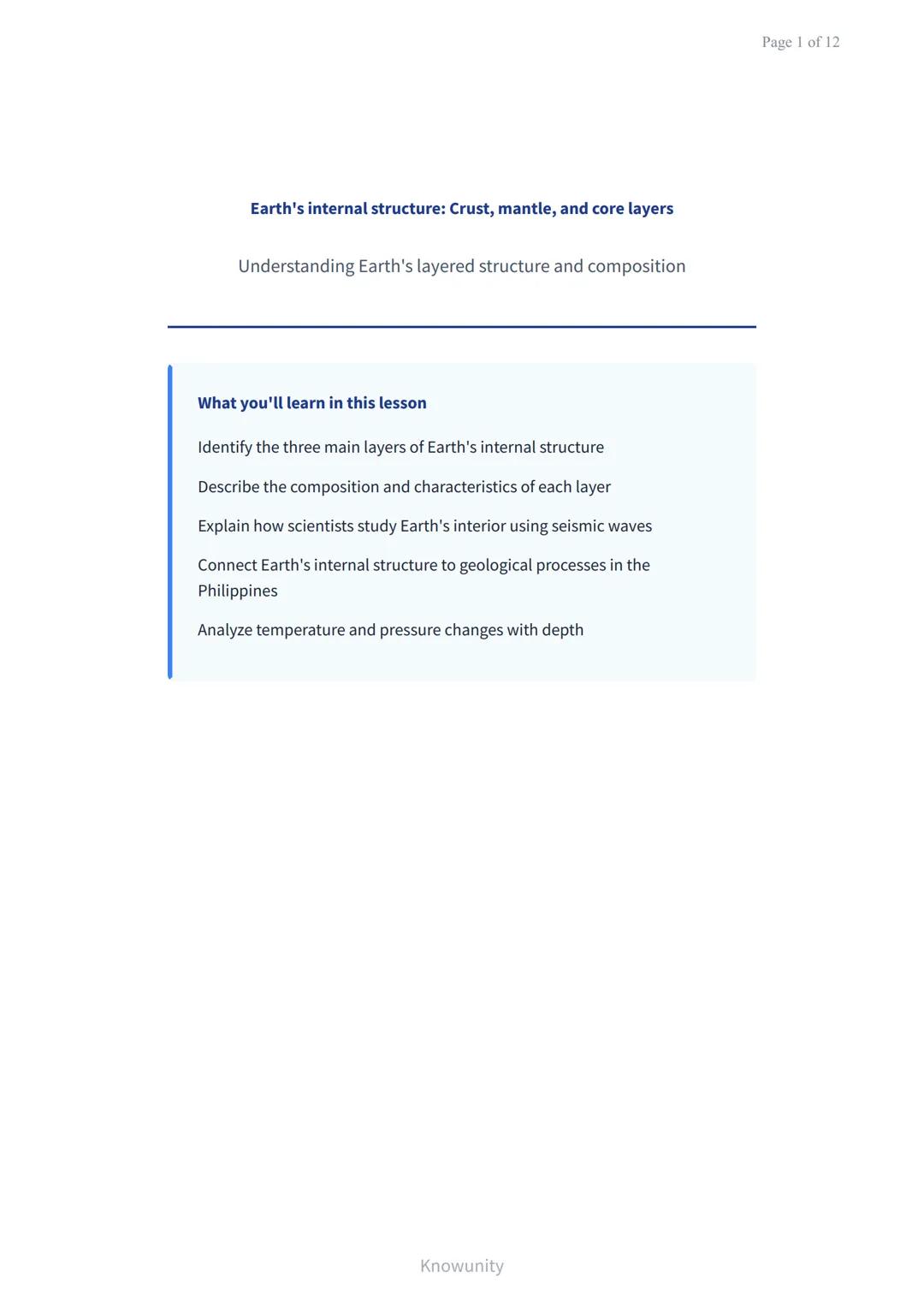 Earth's internal structure: Crust, mantle, and core layers