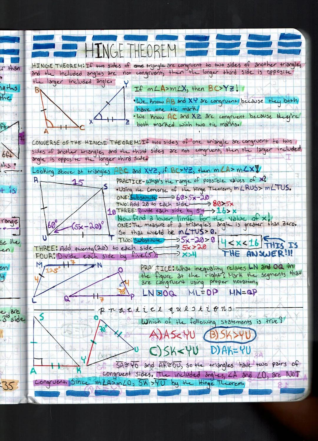 I than
others
the
6ft
ths!
range
Se the
en
ent
y
HINGE THEOREM BE
HINGE THEOREM: If two sides of one triangle are congruent to two sides of