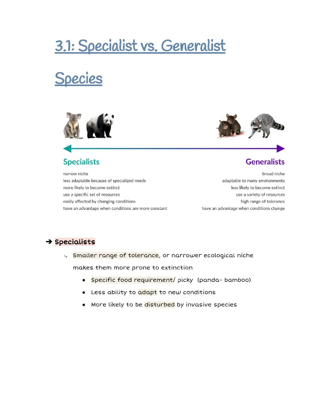 APES Unit 3.1: Understanding Specialist and Generalist Species