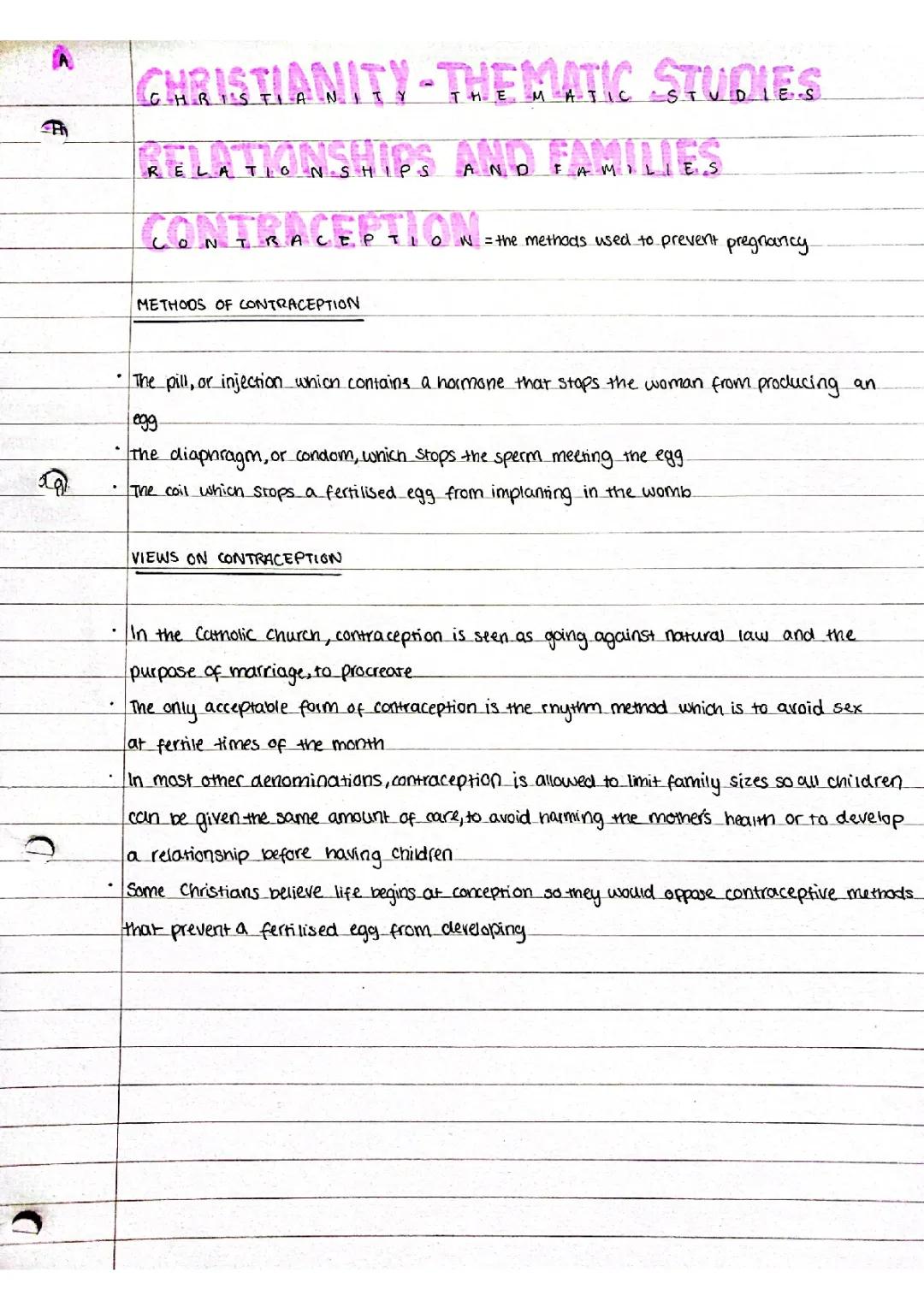 RELIGIOUS STUDIES - theme A contraception