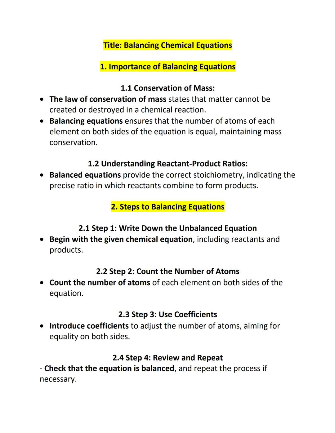 Title: Balancing Chemical Equations
1. Importance of Balancing Equations
1.1 Conservation of Mass:
• The law of conservation of mass states