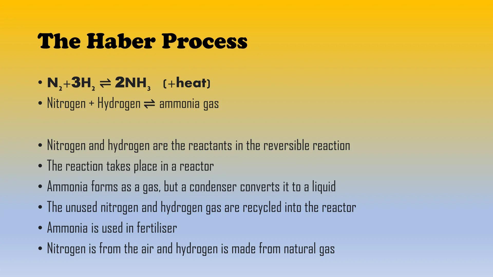 # The Haber Process
And NPK Fertiliser # The Haber Process
* N2+3H, ≥ 2NH, (+heat)
* Nitrogen + Hydrogen ammonia gas
* Nitrogen and