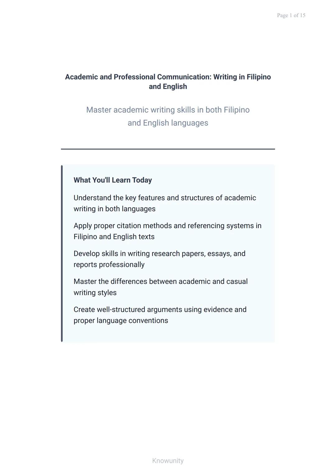Academic and Professional Communication: Writing in Filipino and English