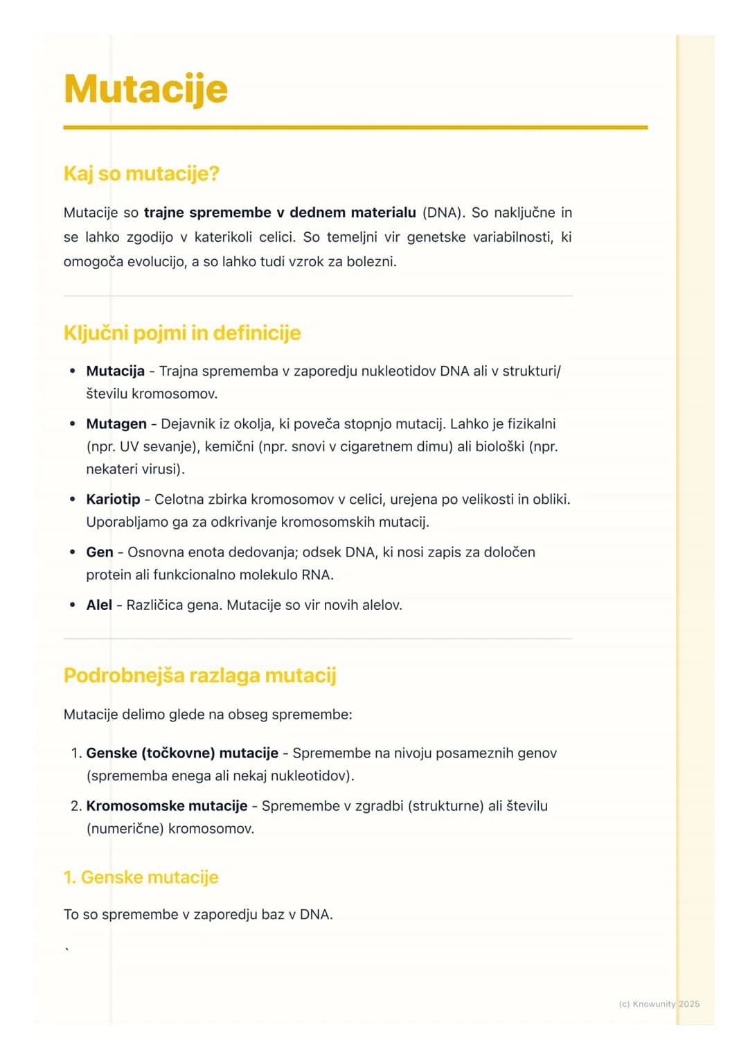 # Mutacije
Kaj so mutacije?
Mutacije so trajne spremembe v dednem materialu (DNA). So naključne in
se lahko zgodijo v katerikoli celici. S
