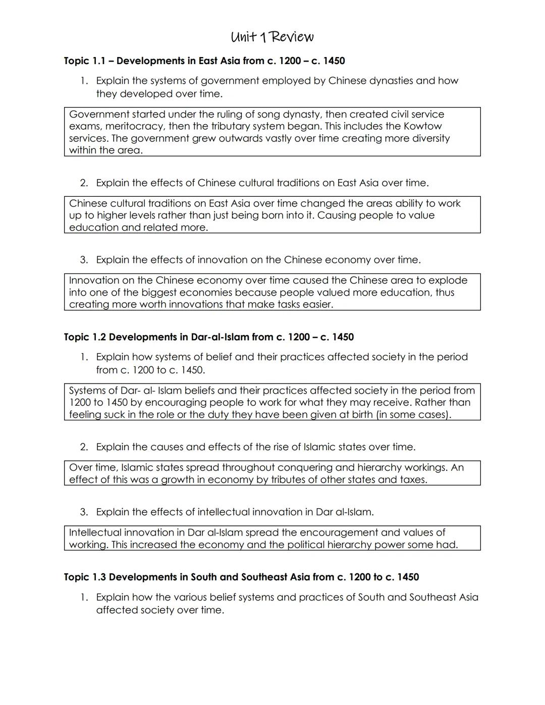Unit 1 Review
Topic 1.1 - Developments in East Asia from c. 1200 - c. 1450
1. Explain the systems of government employed by Chinese dynastie