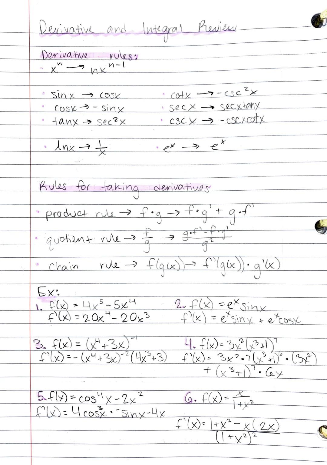 Derivative and Integral Preview
Derivative
n
A
♥
ах
rules:
n-1
Sinx
COSK
Cosx - sinx
tanx → sec ² x
lnx
굿
quotient rule →
Chain
rule ->
Rule