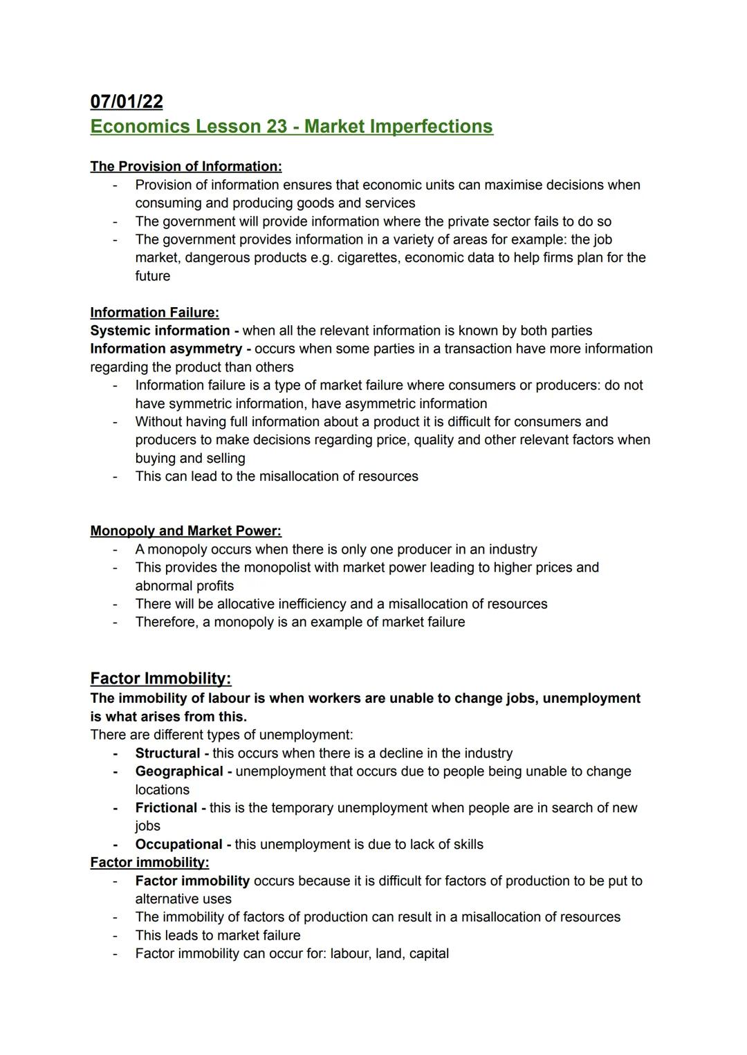 07/01/22
Economics Lesson 23 - Market Imperfections
The Provision of Information:
Provision of information ensures that economic units can m
