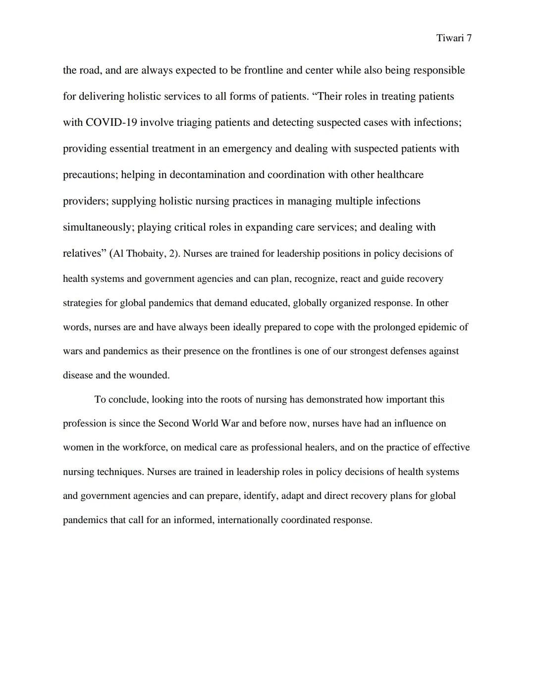 Tiwari 1
WW2 & The Continuation of Nursing
Written by Mahak Tiwari
Professors Michael Plotkin & Christina Yamanaka
Honors History of Sci