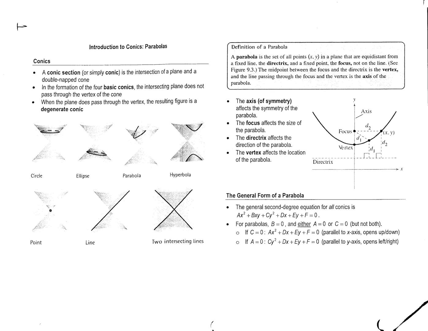 1
Conics
A conic section (or simply conic) is the intersection of a plane and a
double-napped cone
●
●
Introduction to Conics: Parabolas
In