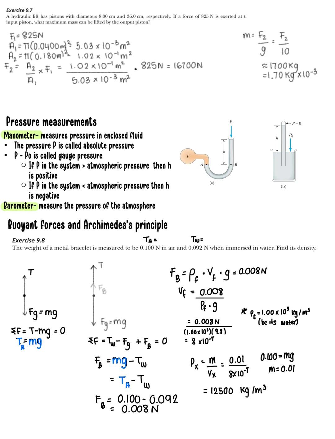 # Chapter nine: Fluids
Density and Pressure
DENSITY IS DEFINED AS
$\rho$=$\frac{m}{V}$kg/m³
PRESSURE IS DEFINED AS
P=$\,\frac{F}{A}$Pa