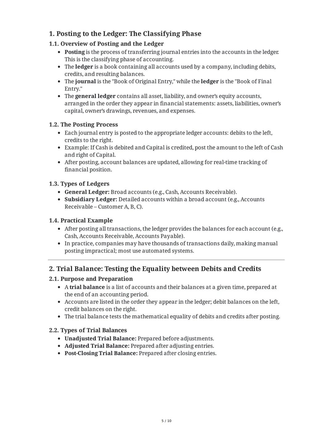 Comprehensive Summary: Accounting Cycle, Adjusting Entries,
and Financial Statements
1. Posting to the Ledger: The Classifying Phase
1.1. Ov