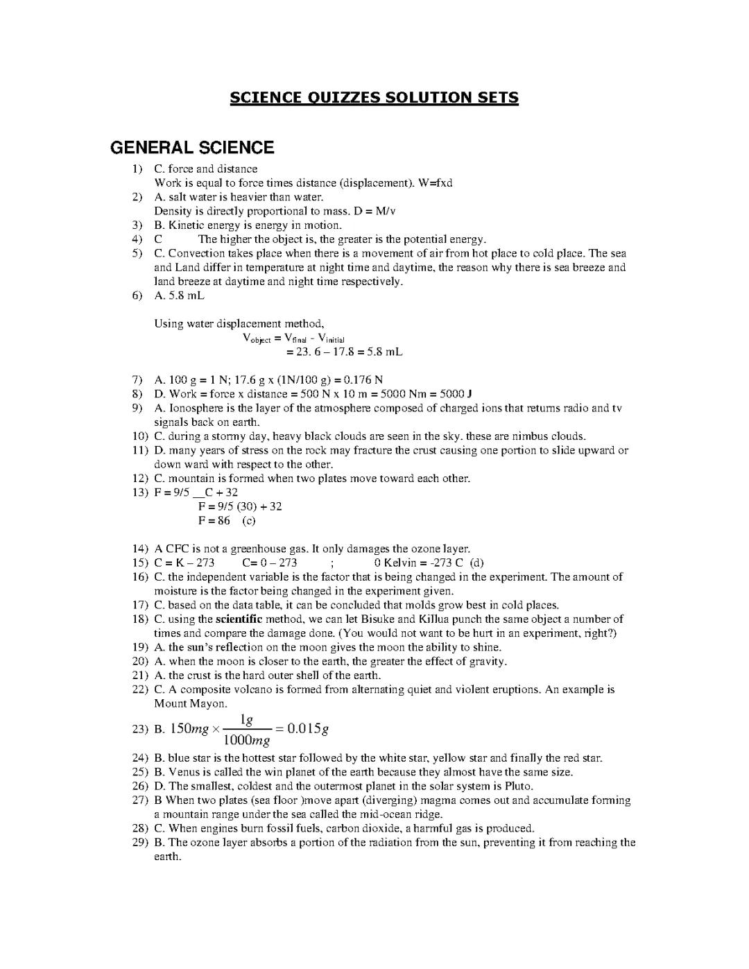 Comprehensive Solutions to Science Quiz Questions