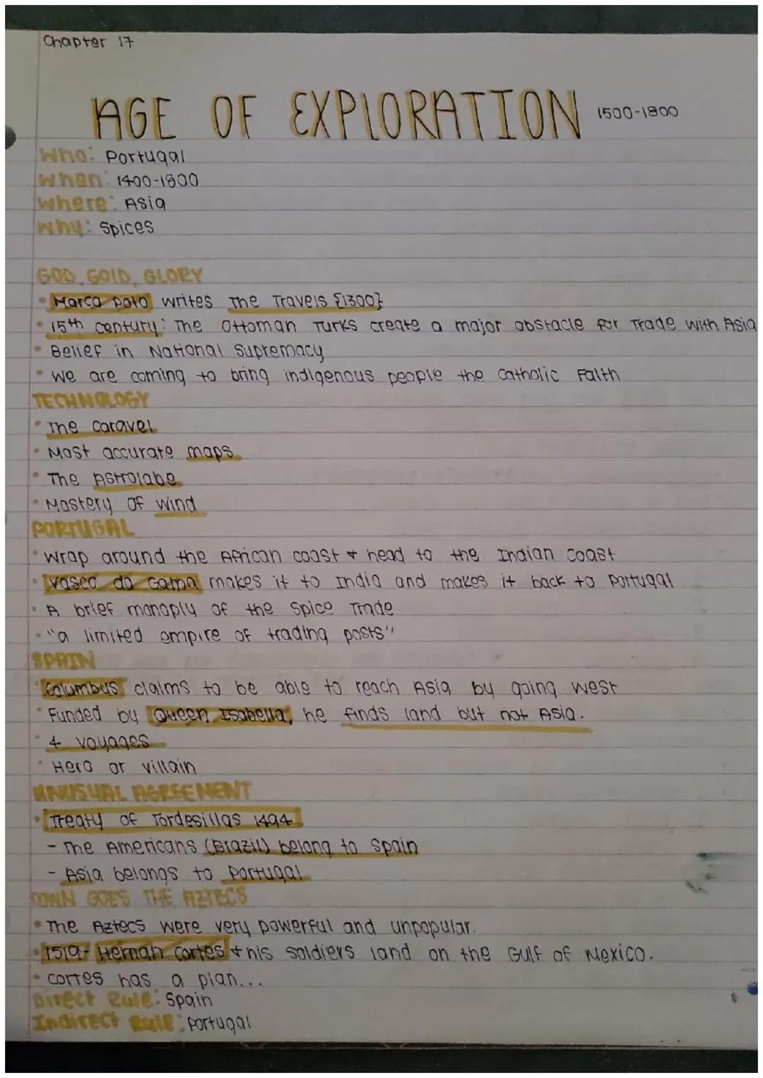 Chapter 17
# AGE OF EXPLORATION 1500-1800
Who: Portugal
when: 1400-1800
where: Asig
why: spices
# GOD GOID GLORY
* Marco Polo writes the Tr