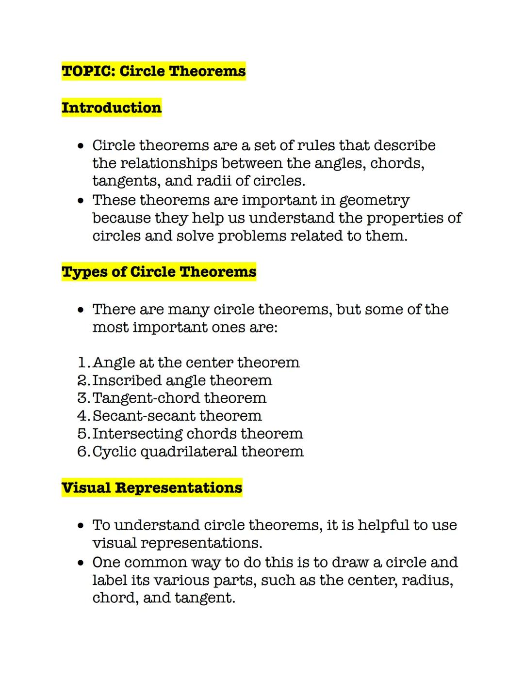 # TOPIC: Circle Theorems
Introduction
* Circle theorems are a set of rules that describe
the relationships between the angles, chords,
t