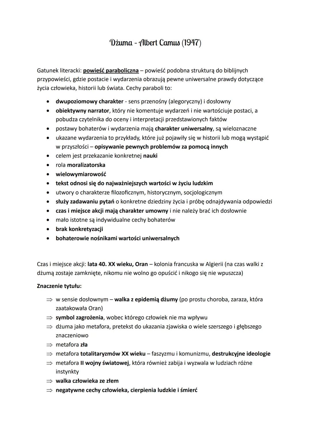 # Dżuma - Albert Camus (1947)
Gatunek literacki: powieść paraboliczna - powieść podobna strukturą do biblijnych
przypowieści, gdzie postaci